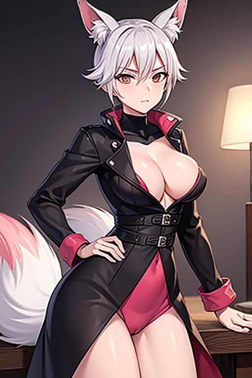 Fox-tailed zorro waifu, milf, pirate trench coat , HD, white hair with pink, bust,