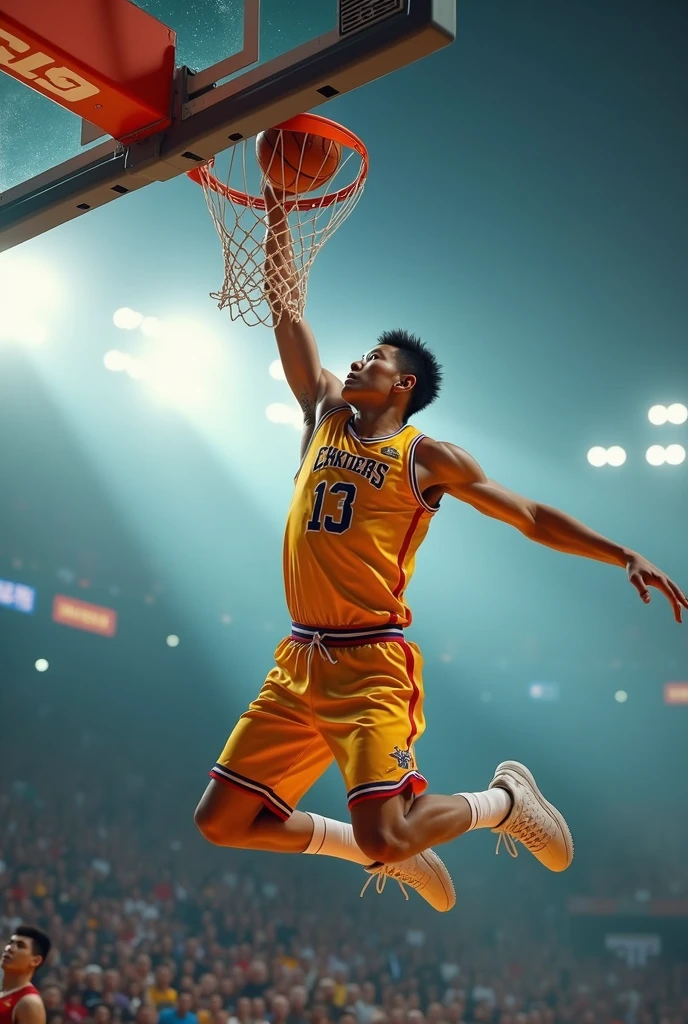 basketball player，Slam Dunk，one-hand，Chinese，3/4 side lenses，Focus，close up，Light-colored uniforms，Bright background，and in an instant，masterpiece，best quality