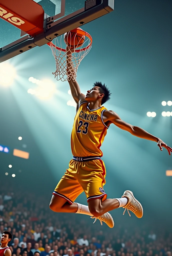 basketball player,Slam Dunk,one-hand,Chinese,3/4 side lenses,Focus,close up,Light-colored uniforms,Bright background,and in an instant,masterpiece,best quality