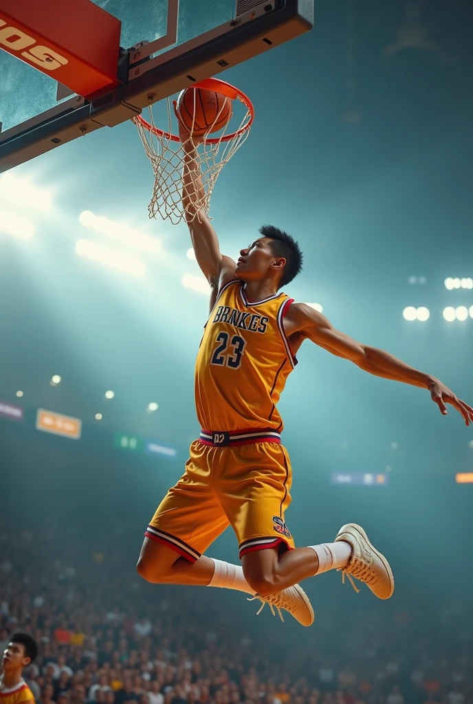basketball player，Slam Dunk，one-hand，Chinese，3/4 side lenses，Focus，close up，Light-colored uniforms，Bright background，and in an instant，masterpiece，best quality
