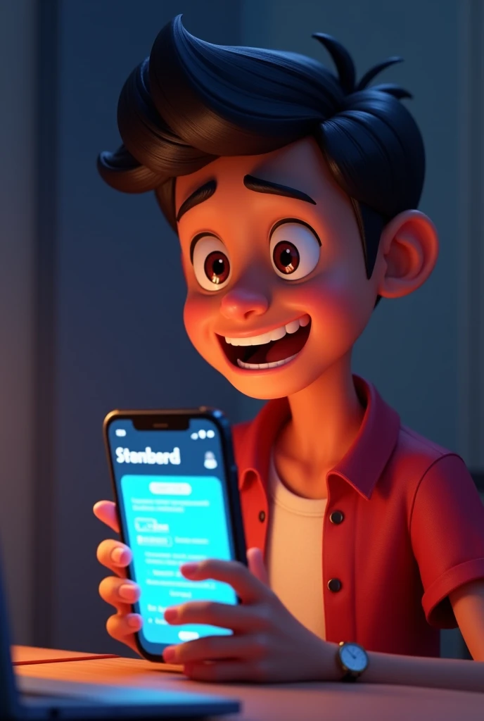 'Generate in cinematic 3d cartoon style " Ravi receiving the tournament invite: A close-up of Ravi's surprised and excited expression as he reads an email on his phone. The email is brightly lit, contrasting with the dimly lit room around him.