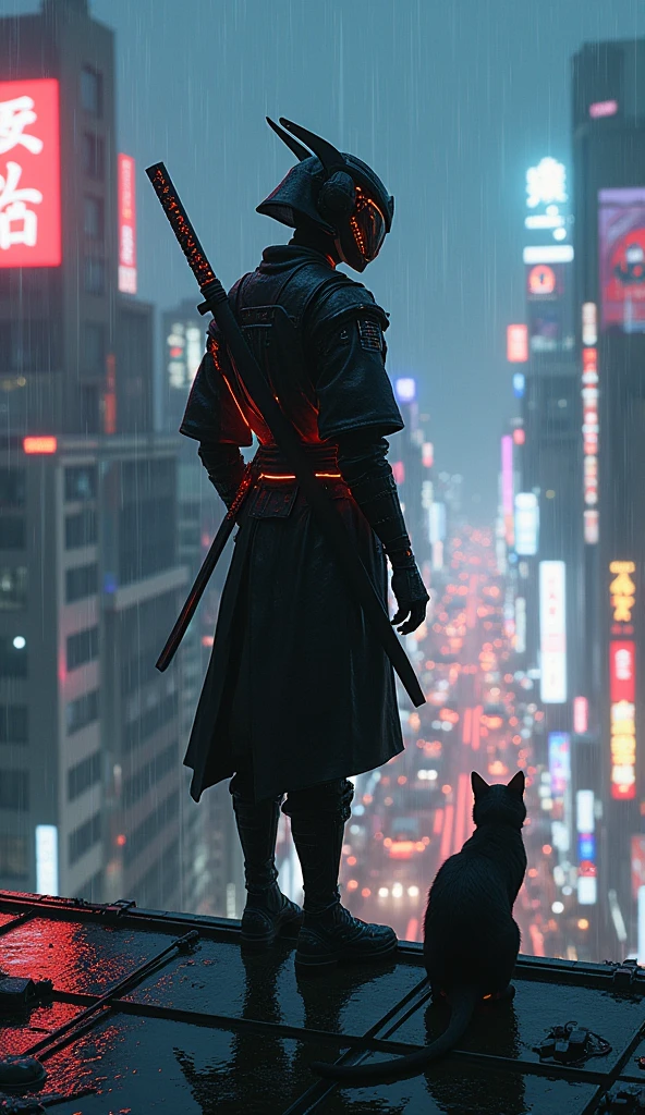 A cyberpunk samurai stands on a rooftop overlooking a bustling, neon-lit city. The rain is pouring down, reflecting the vibrant lights in puddles. A lone cat sits beside them, watching the city below.