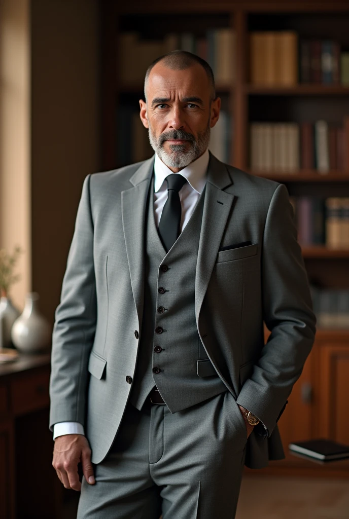 A man with a mature appearance (50 years) with light grey three-piece suit attire, the hair looks very short, highlights his modern shaved haircut. he stands to the side of a wooden desk, Behind a bookshelf. The environment that surrounds him is of a (modern office) shining with light, the man's impressive appearance looks majestic, Impressive realism. (Best Quality,4k,8k,High resolution,masterpiece:1.2),ultra detailed,(realist,photorealist,photo-realist:1.37),HdR,studio lighting,extremely detailed face and body., portrait,cinematic lighting,dramatic lighting,warm color tones,dramatic colors