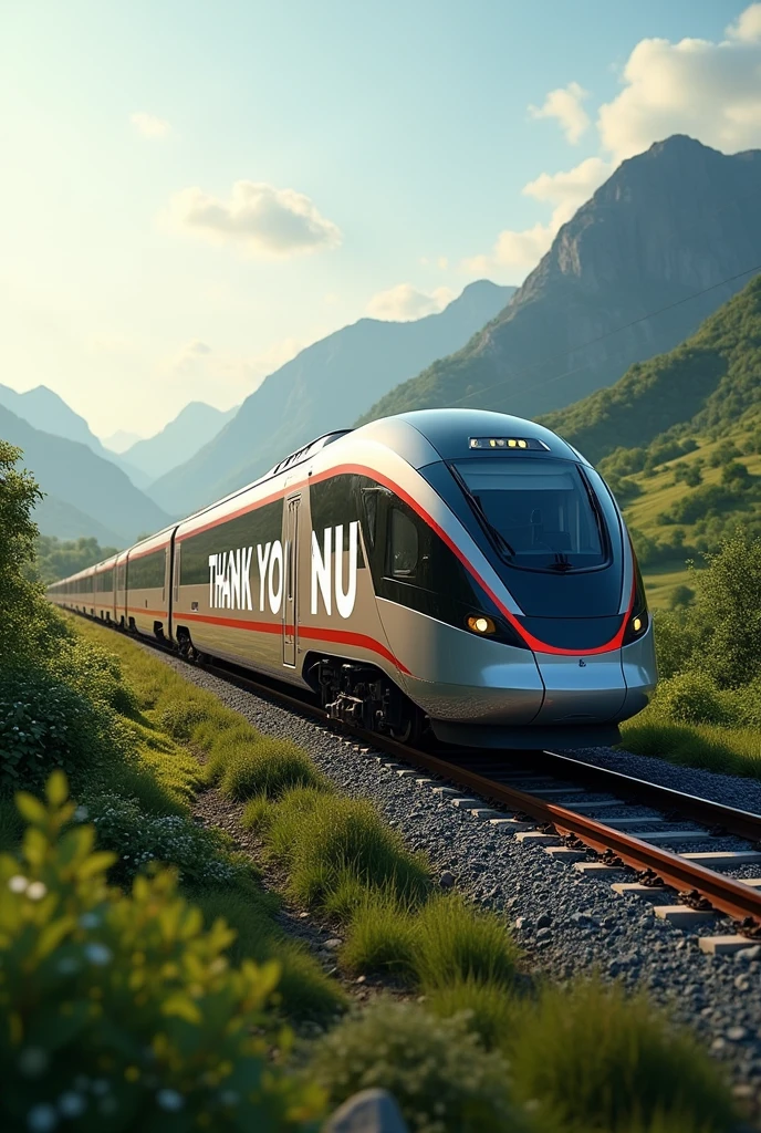 A train with the word in white saying thank you very much and