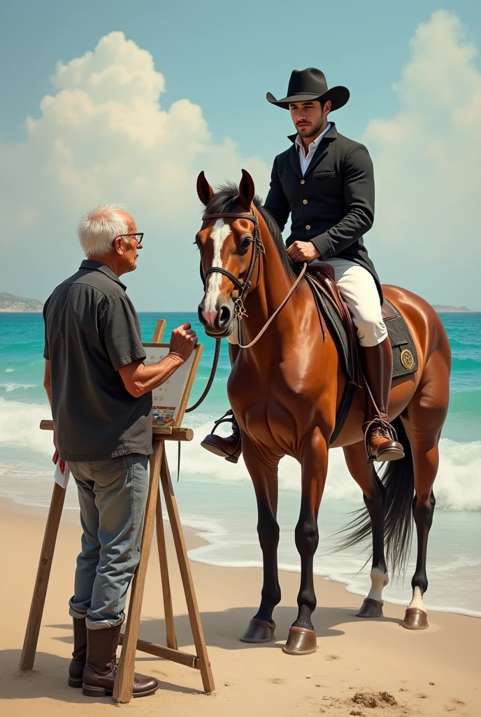 romanticism + realism, the old man paints the portrait of a young man on horseback, (in soft colors, diffuse strokes, old painter, cinnamon skin, glasses, thin, weak, emaciated is standing on the beach painting a picture,) (the painting with intense vivid colors firm strokes, portrait of a handsome gentle young man, fullness, peace, muscular Latino wears glasses rides horse dressed in black boots, white pants, brown jacket, black helmet) focus on facial expressions