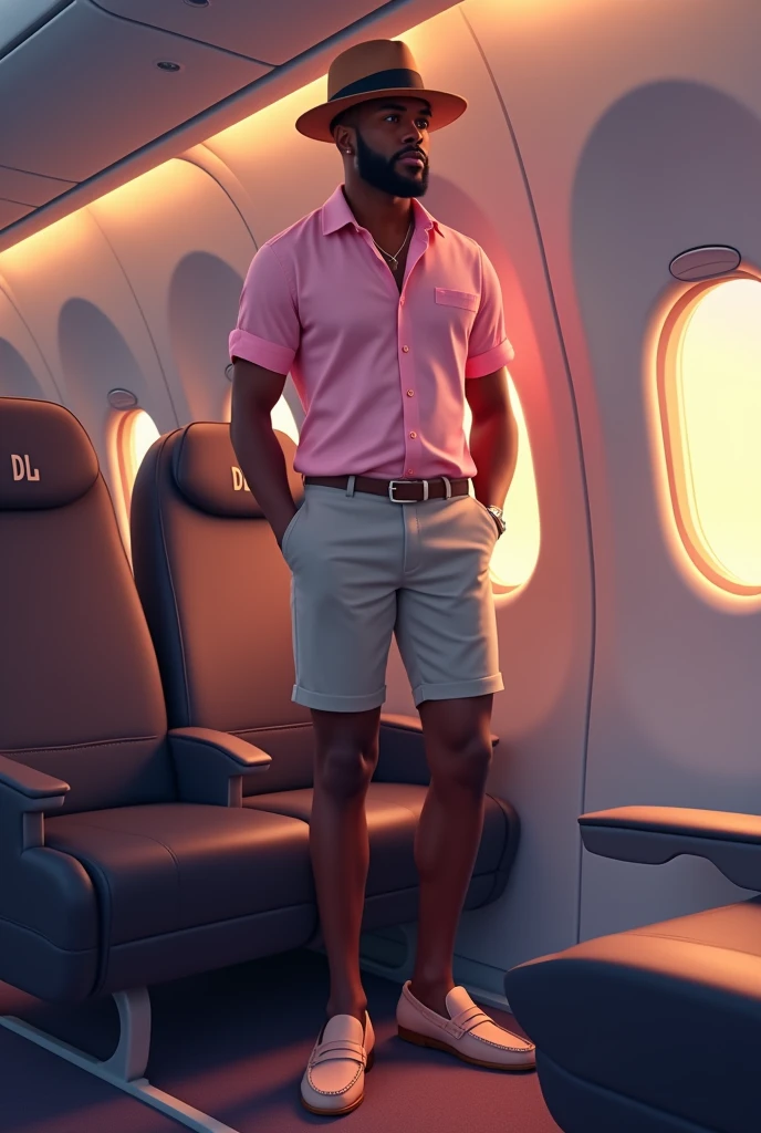 Forty year old black man, very elegant and sophisticated, strong athletic build, with a goatee, wearing jewelry and a modern bowler hat, baby pink linen shirt with short sleeves and light gray formal shorts.
Italian loafer shoes in light brown with baby pink. 
The initials DL are written on the hat band and the lapel of the blazer. The image takes place at dusk on an airplane. 