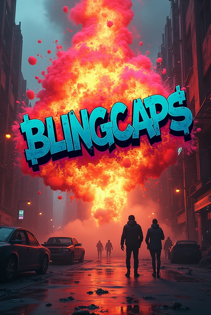 Create a super epic scene where mania gas comes out that has some colorful graffiti-type letters that say BlingCaps