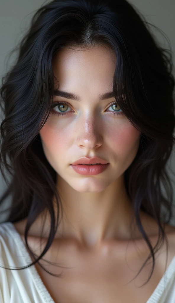 european woman, 30years, pale skin, black hair with pink details, photo realist