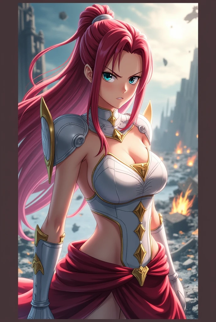 Here is a detailed prompt to create an image of Erza Scarlet:
(Erza Scarlet:1.4), (Fairy tale:1.4), (masterpiece:1.4, Best Quality), (realistic photo:1.4), fierce and determined expression, Dynamic battle pose, sporting his iconic armor with intricate detailing, (armor glowing with magical energy:1.2), long, flowing scarlet hair, wielding a massive sword with a beautifully decorated hilt, (sharp and intense gaze:1.2), (A powerful aura surrounds her:1.2), (Background of a battlefield with debris and flames:1.2), (Dramatic lighting with strong contrasts:1.2), vibrant colors, Rich textures, Highly detailed armor and weapons, (dynamic composition with movement and energy:1.2), (deep reds:1.2), (Metallic silver:1.2), High quality and detailed, (epic and powerful atmosphere:1.2), Captivating and commanding presence, Perfect image quality, iconic and recognizable, strong sense of action and intensity