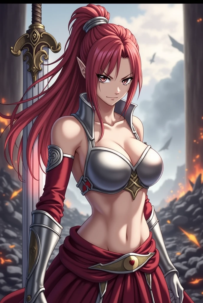 Here’s a detailed prompt to create an image of Erza Scarlet:
(Erza Scarlet:1.4), (Fairy Tail anime style:1.4), (masterpiece:1.4, best quality), (photo realistic:1.4), fierce and determined expression, dynamic battle pose, wearing her iconic armor with intricate details, (armor glowing with magical energy:1.2), long, flowing scarlet hair, holding a massive sword with a beautifully decorated hilt, (sharp and intense gaze:1.2), (powerful aura surrounding her:1.2), (background of a battlefield with rubble and flames:1.2), (dramatic lighting with strong contrasts:1.2), vibrant colors, rich textures, highly detailed armor and weapon, (dynamic composition with movement and energy:1.2), (deep reds:1.2), (metallic silver:1.2), high-quality and detailed, (epic and powerful atmosphere:1.2), captivating and commanding presence, perfect image quality, iconic and recognizable, strong sense of action and intensity
