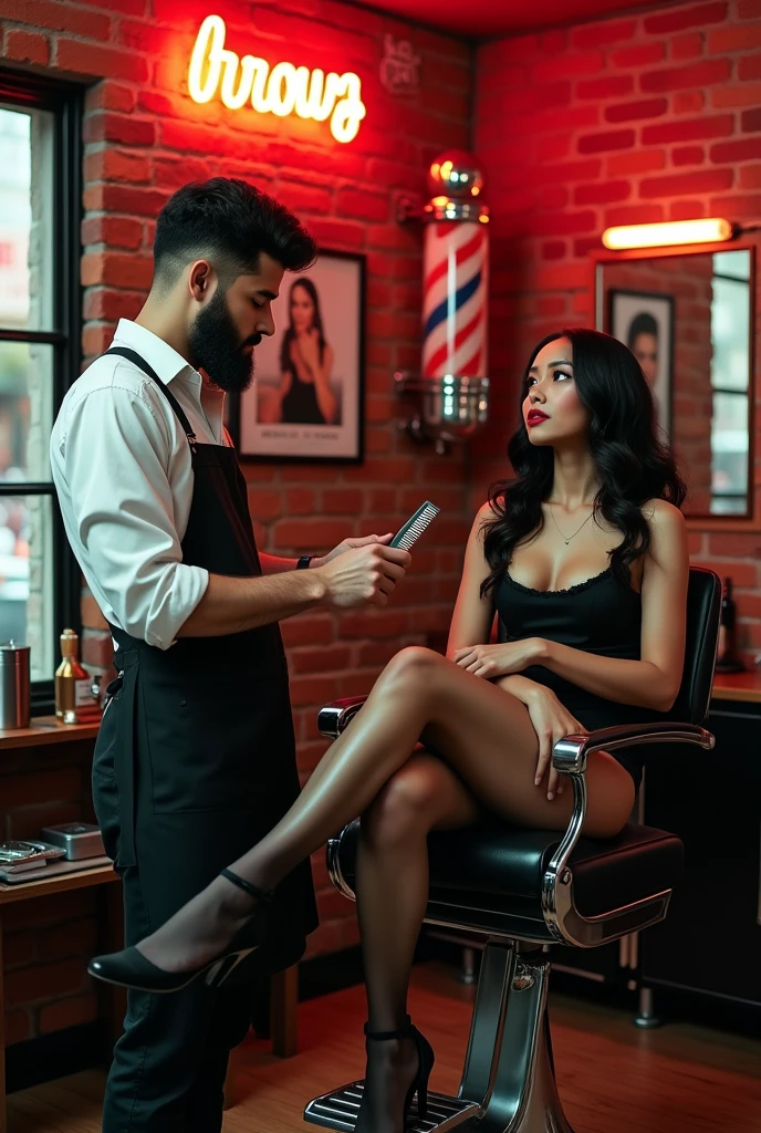Retro Barber Shop, Barbershop in Brooklyn, New York, window, mirror, Portrait poster, Faded red brick wall,high quality, masterpiece, 「ARROWS」Neon sign with words in capital letters, A barber pole hanging on the wall, Two people, Handsome man,beard,apron, Have a comb, combing, Black Hat, A man standing and touching a woman's hair, (Beautiful woman, sexy, Wearing high heels, Asian, Beauty, Red Lip, Knitted dress, Black knitted tights, stockings, Long Hair, Beautiful eyes, smile, teeth, Blushing Sitting in a swivel chair, Curvaceous figure, Attractive feminine curves, Woman crossing legs)