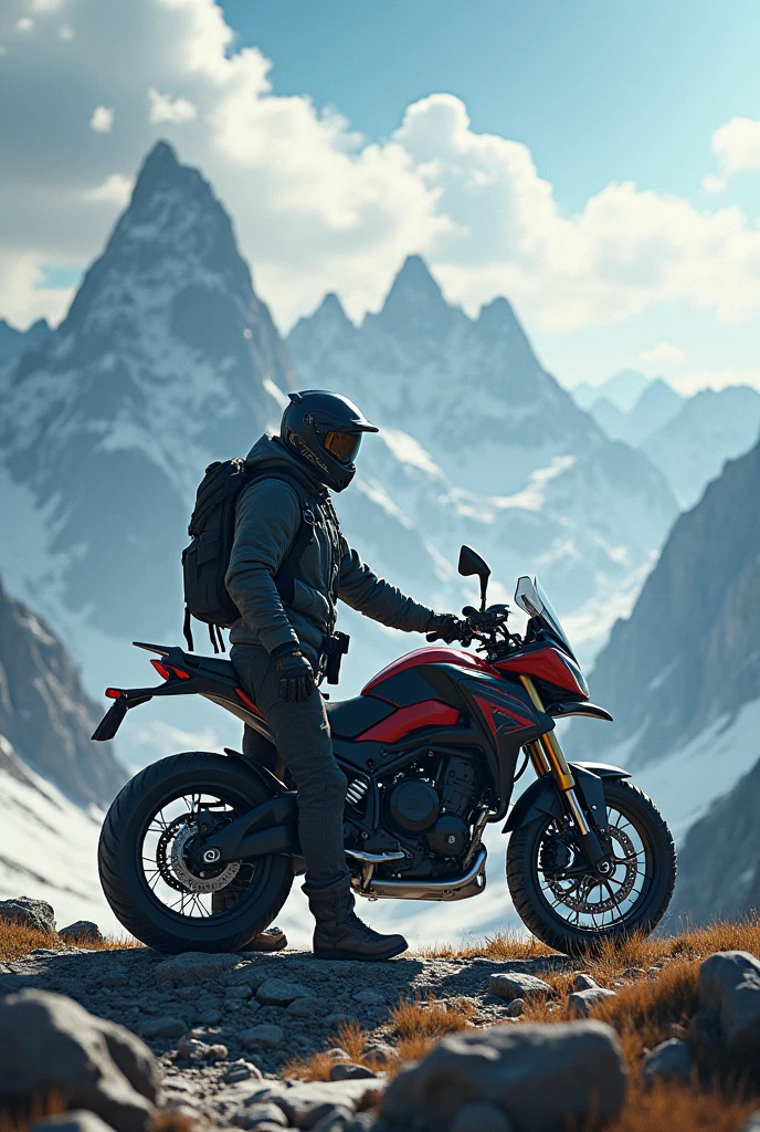 A rider standing with his hero xpulse 4v bike in front of mountains and written zenox_46 on the sky with clouds