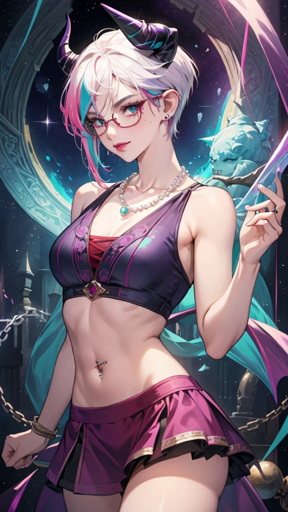 8k, masterpiece, best quality, highly detailed, 1 girl, tiefling, warlock, pixie cut, multicolored hair, very short straight hair red highlight hair on white hair, strippled hair, wearing glasses, round glasses, earrings, navel piercing, red eyeshadow, long eyelashes, blushed cheek, red lips, pearl necklace, rings, collarbone, mole on face, glamorous, teal and purple clothes, sleeveless, miniskirt, smirk, close up view, rings, looking at viewer, demon horns, solo, starry sky, pale blue moon, standing, boxing stance, demonic arms, chains on the background.
