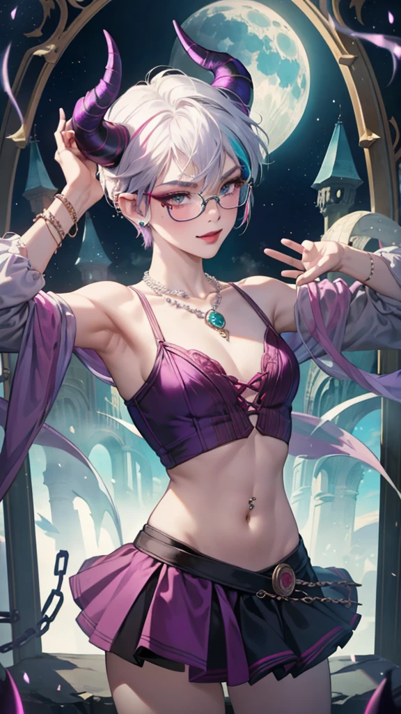 8k, masterpiece, best quality, highly detailed, 1 girl, tiefling, warlock, pixie cut, multicolored hair, very short straight hair red highlight hair on white hair, strippled hair, wearing glasses, round glasses, earrings, navel piercing, red eyeshadow, long eyelashes, blushed cheek, red lips, pearl necklace, rings, collarbone, mole on face, glamorous, teal and purple clothes, sleeveless, miniskirt, smirk, close up view, rings, looking at viewer, demon horns, solo, starry sky, pale blue moon, standing, boxing stance, demonic arms, chains on the background.