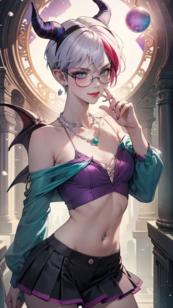 8k, masterpiece, best quality, highly detailed, 1 girl, tiefling, warlock, pixie cut, multicolored hair, very short straight hair red highlight hair on white hair, strippled hair, wearing glasses, round glasses, earrings, navel piercing, red eyeshadow, long eyelashes, blushed cheek, red lips, pearl necklace, rings, collarbone, mole on face, glamorous, teal and purple clothes, sleeveless, miniskirt, smirk, close up view, rings, looking at viewer, demon horns, solo, starry sky, pale blue moon, standing, boxing stance, demonic arms, chains on the background.