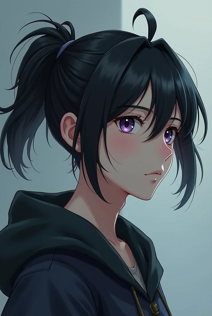 a boy with black hair, wearing a short ponytail down, has violet eyes and his face is always neutral, He gives the air of a book protagonist.