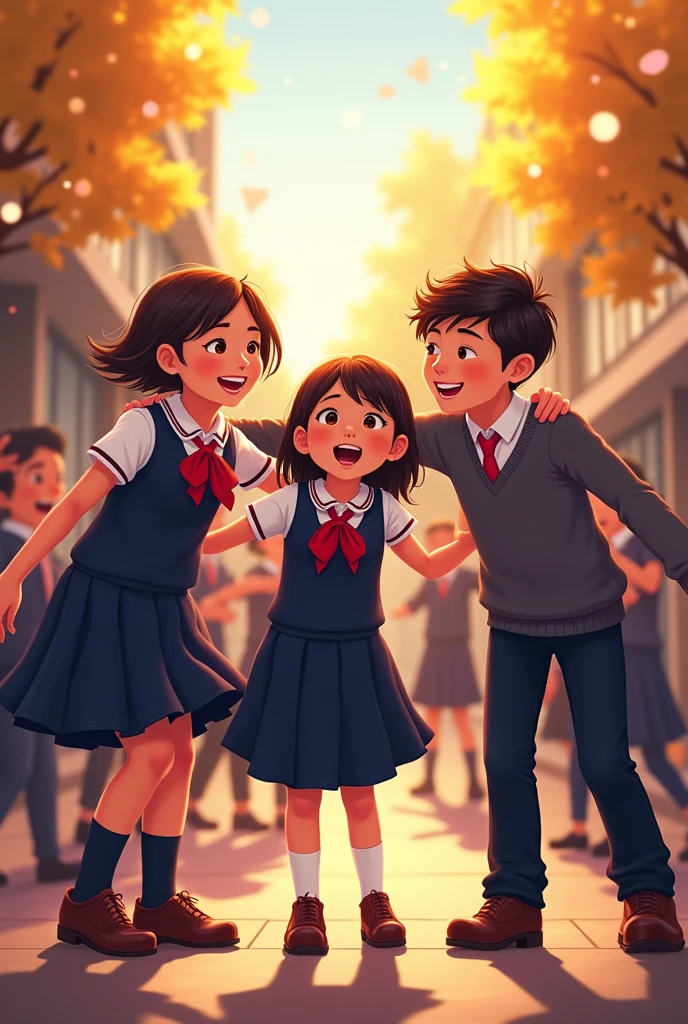 Girls and boys aged 10 from the 20th of November school in fifth grade with their school uniform, Girls in navy blue dress with red bow on the collar and boys in navy blue pants and sweaters with white shirts and red ties happy to return to school , Some standing and others sitting celebrating among themselves, Pixar drawing type 