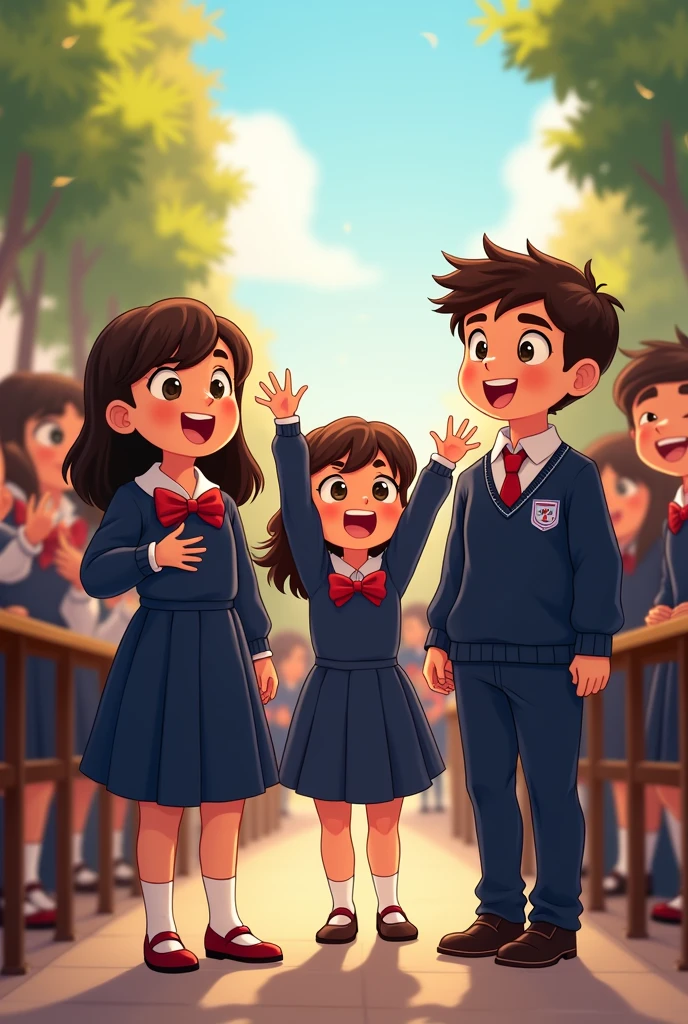 Girls and boys  from the 20th of November school in fifth gheir school uniform, Girls in navy blue dress with red bow on the collar and boys in navy blue pants and sweaters with white shirts and red ties happy to return to school , Some standing and others sitting celebrating among themselves, Pixar drawing type 