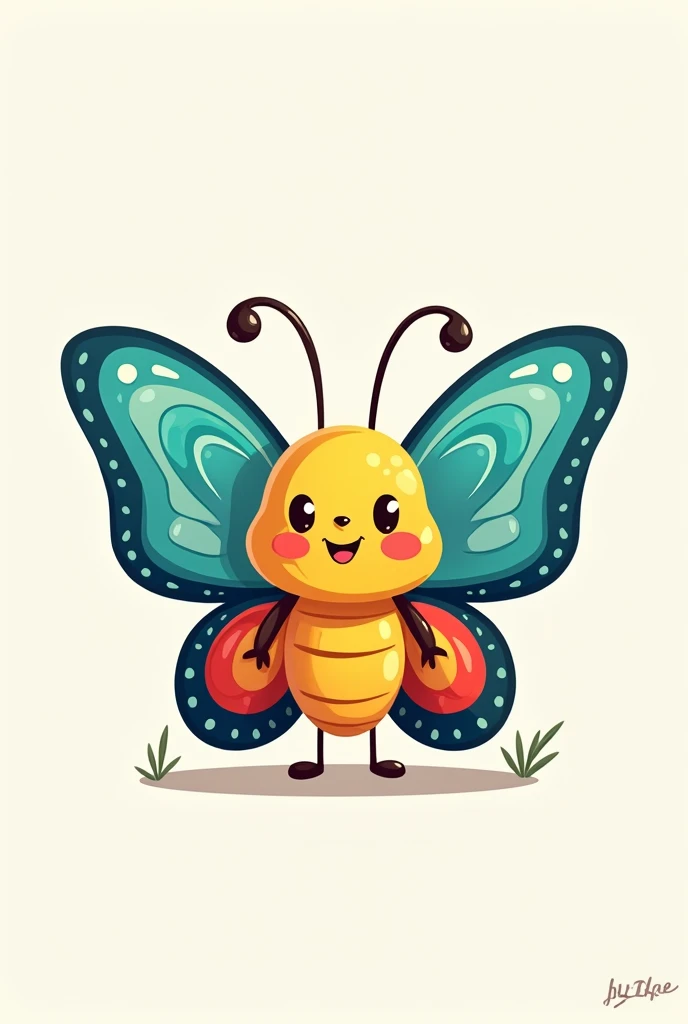 Create an image of a butterfly, your wings must be blue in color, green and red, your little body must be yellow, She must be cute like a cartoon animation