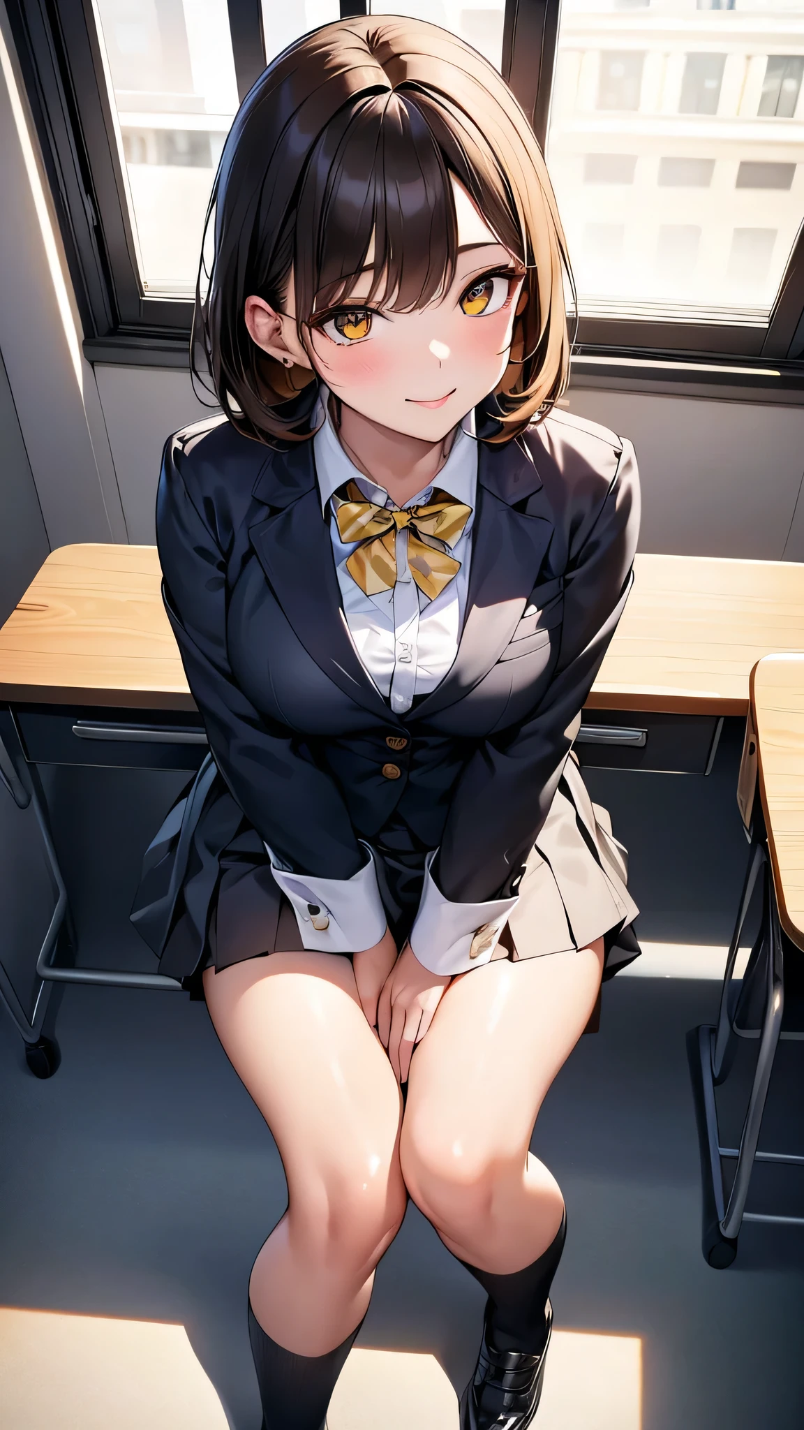 4K resolution,((Highest quality)),Ultra-high resolution,young woman, alone, sexy, (A fleeting smile), (Pale yellow eyes), Beautiful and symmetrical face, (Brown set medium hair),Blazer uniform,Dress shirt,Pleated mini skirt,Knee-high socks,Realistic:1.4,Realistic:1.4,(masterpiece:1.2),Perfect Eyes,Perfect Eyes,Perfect Legs,classroom,(Fellatio gestures:1.1),(Open your mouth:1.2),Baby Face,Curvy body type,Leaning forward