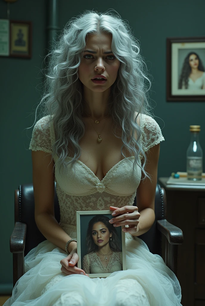A beautiful youthful looking her hair graying but still very sexy gray haired Hispanic version of Ariana Grande wearing a wedding dress now a prisoner of a evil scientist the male evil scientist her hair graying her long hair now graying she has a curly hair hairstyles hairstyle and she is aging because the male evil scientist standing next to her is given her a injection that is aging her up she looks like she is in pain and she screaming in pain and she is in a lab tied up to a chair she is holding a photo of a younger looking of herself before her life force was drain wearing the same wedding dress