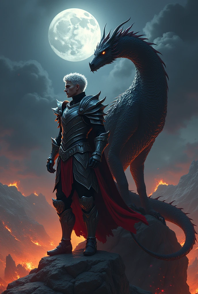Create a man with short curly and platinum hair/whites he will be wearing warrior armor, silver armor with red details, and he will be next to a big dark black dragon with red they will be on top of a mountain at night and down below the mountain everything will be on fire
