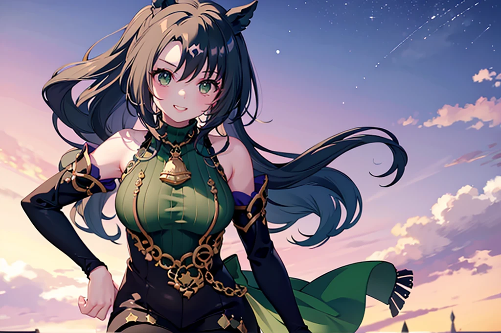 Highest quality、Highest quality、Highest Resolution、masterpiece、Anime painting、solo、、Beautiful adult woman with horse ears and black hair、Beautiful breasts、Beautiful body、Touch your head with your hand、lipstick、smile、teeth、Shoulder less、Green turtleneck、Shorts、pantyhose、、Night Sky、Strong winds、Chest centered