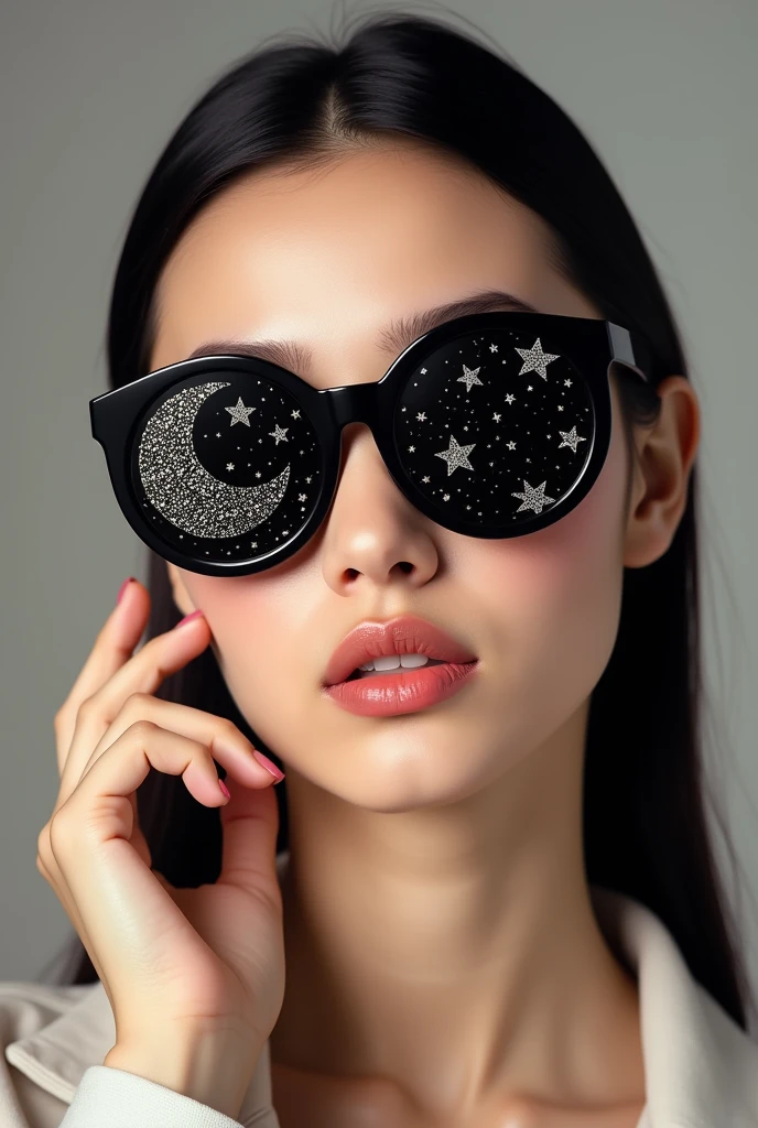 The model is wearing glass sunglasses with stars and the moon on the glass