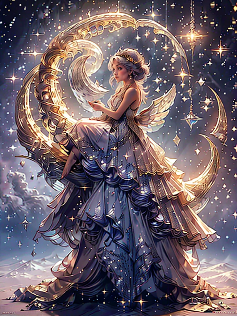 (highest quality, masterpiece, Super detailed, very detailed, exquisite, 16k,Full HD),A little closer,golden ratio,dramatic lighting,pastel colour,silhouette,soft lighting, ((From the side,alone:1.5)),((Are standing,reach for the sky:1.2)),((Moonlight night,Crescent Moon,beautiful moon)),starry sky,meteor群,meteor,(fairy princess, purple eyes, long eyelashes,white skin,slim,pale pink plump lips,pale pink cheeks, The wind is blowing,White fluffy hair,thin and long,(thin and high nose,small nose),(Huge fairy wings grow from just above her waist.),silver decoration,diamond tiara,diamond earrings,diamond earrings,Diamond Choker,(silver ball gown dress:1.1), silver lace and frills, (fantasy, romantic atmosphere),