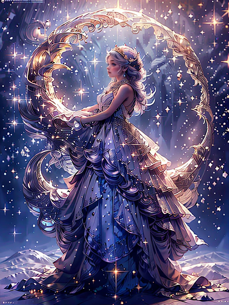 (highest quality, masterpiece, Super detailed, very detailed, exquisite, 16k,Full HD),A little closer,golden ratio,dramatic lighting,pastel colour,silhouette,soft lighting, ((From the side,alone:1.5)),((Are standing,reach for the sky:1.2)),((Moonlight night,Crescent Moon,beautiful moon)),starry sky,meteor群,meteor,(fairy princess, purple eyes, long eyelashes,white skin,slim,pale pink plump lips,pale pink cheeks, The wind is blowing,White fluffy hair,thin and long,(thin and high nose,small nose),(Huge fairy wings grow from just above her waist.),silver decoration,diamond tiara,diamond earrings,diamond earrings,Diamond Choker,(silver ball gown dress:1.1), silver lace and frills, (fantasy, romantic atmosphere),