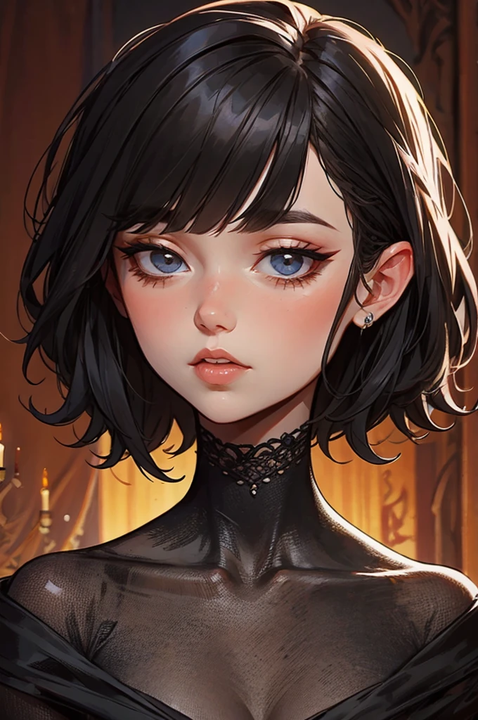 woman with short hair, pxie cut, Black hair, french bangs