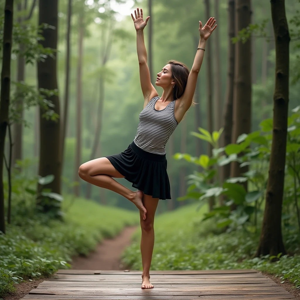 A photo of a 30-year-old woman doing yoga. She is wearing a black and white striped shirt and a black skirt. She is doing a yoga pose with one leg raised high in the air while the other leg is on the ground. She is standing on a wooden surface. The background is a serene forest with tall trees.