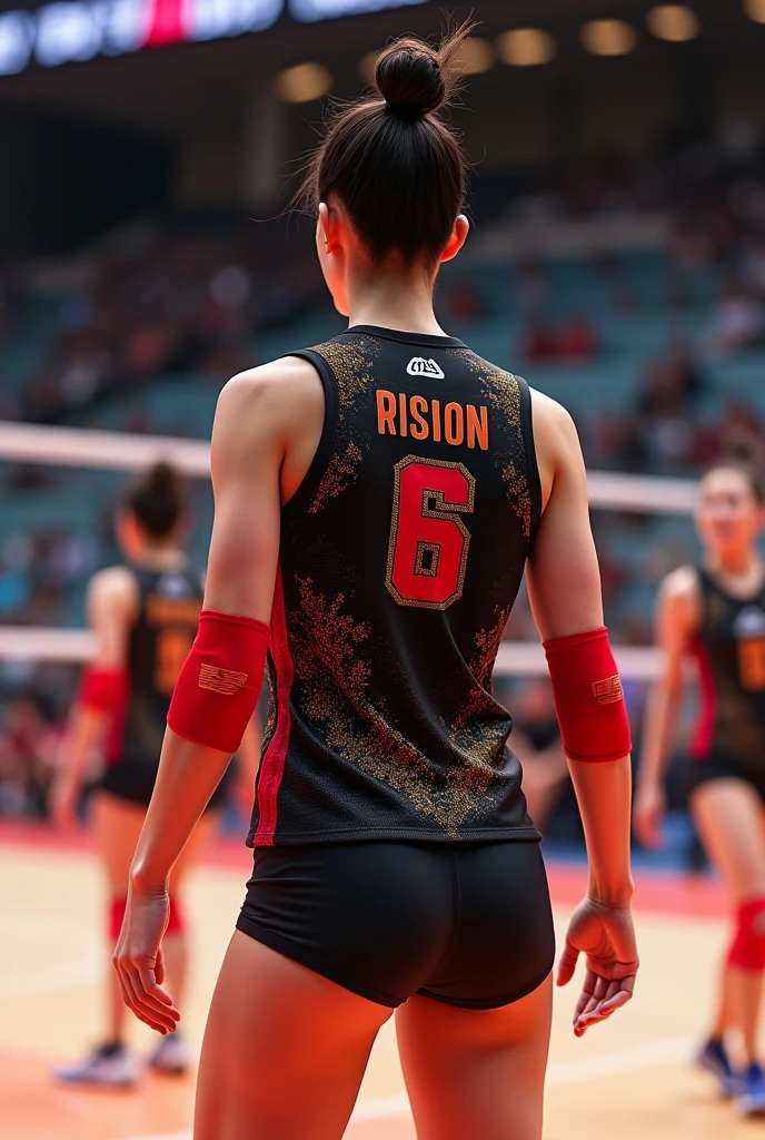 A women&#39;s volleyball uniform, sleeveless based on the Korean uniform design black with red details,  with gold flashes all over the back and the number on the back 