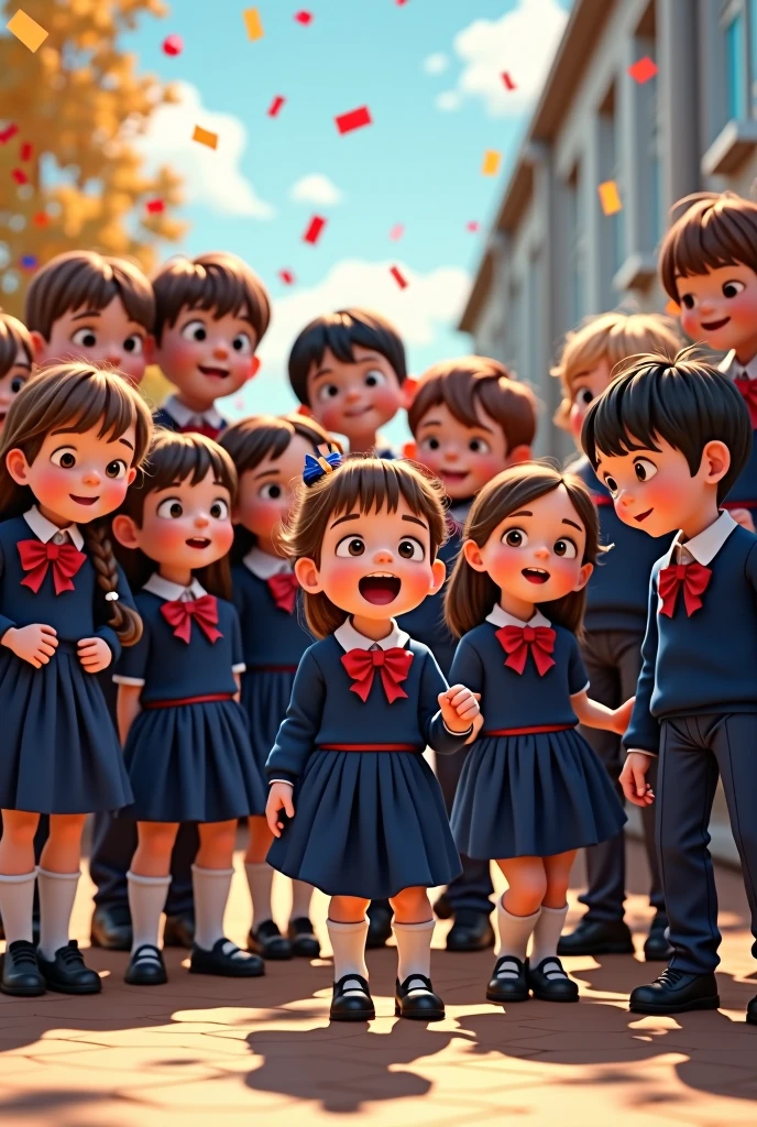 Girls and boys aged 10 from the 20th of November school in fifth grade with their school uniform, The girls in a navy blue yomper-style dress with a red bow on the collar and the boys in navy blue trousers and sweaters with a white shirt and a red tie are happy to return to school , Some standing and others sitting celebrating among themselves, Pixar drawing type 