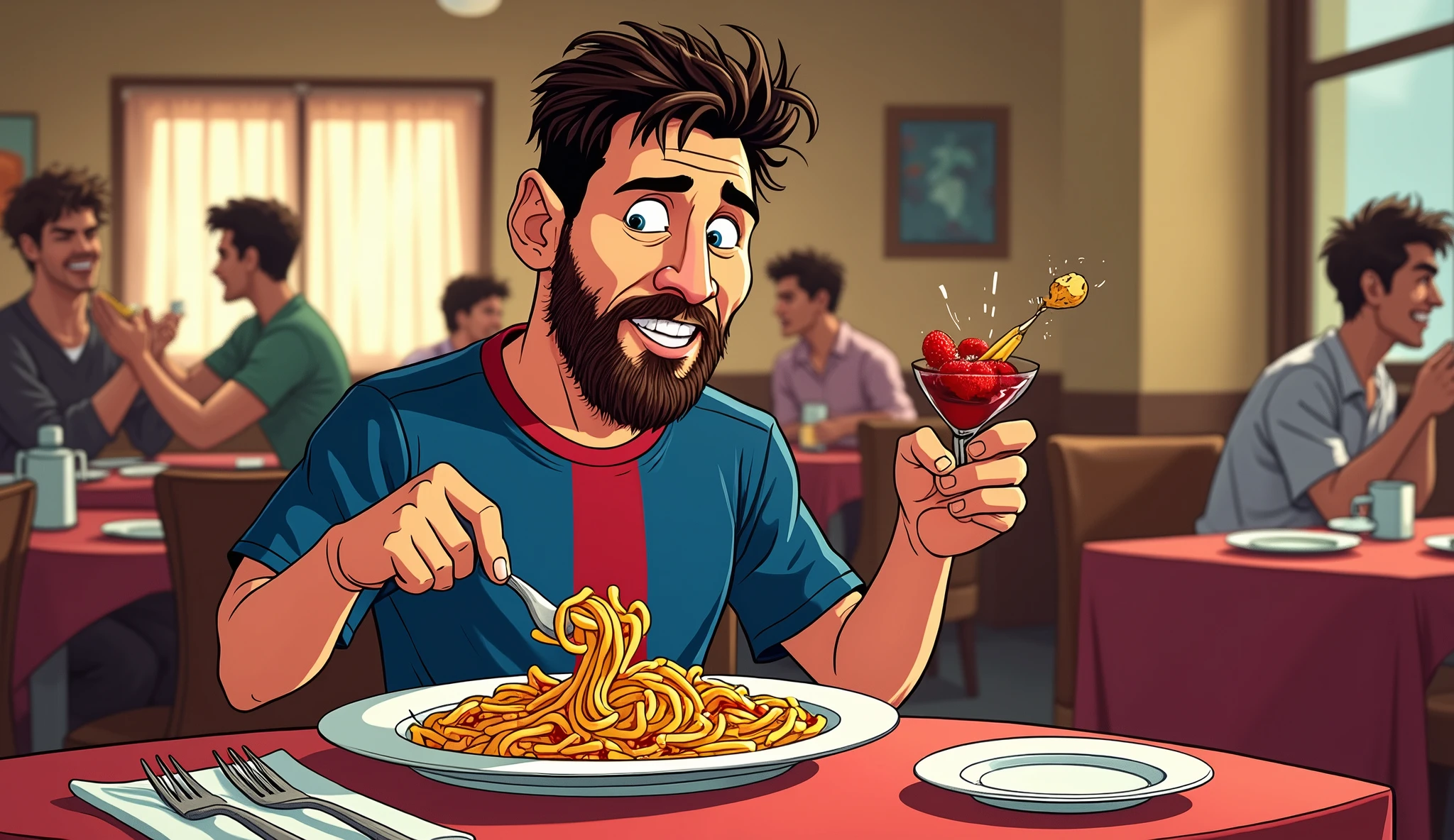 COMIC THUMBINE FOR YOUTUBE OF LEONEL MESSI IN A RESTAURANT EATING PASTA