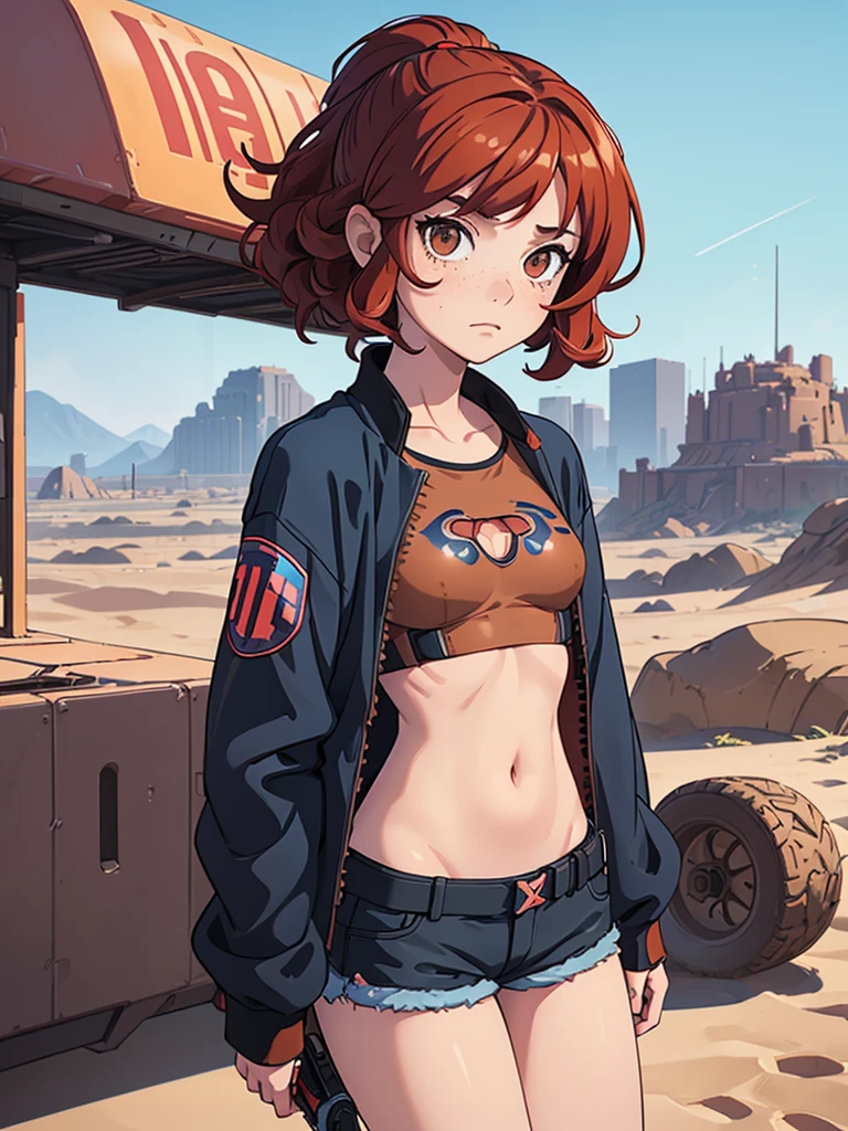 (masterpiece), (best quality), ((one girl)),alone, red hair,((brown eyes)),curly hair, anime style, freckles, (small breast) (petite figure), blue and black cyberpunk jacket, shorts, legs, long T-shirt, ((desert background)) 