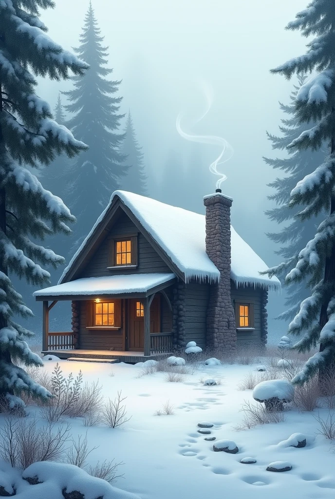 Old cabin surrounded by snow and trees with fog