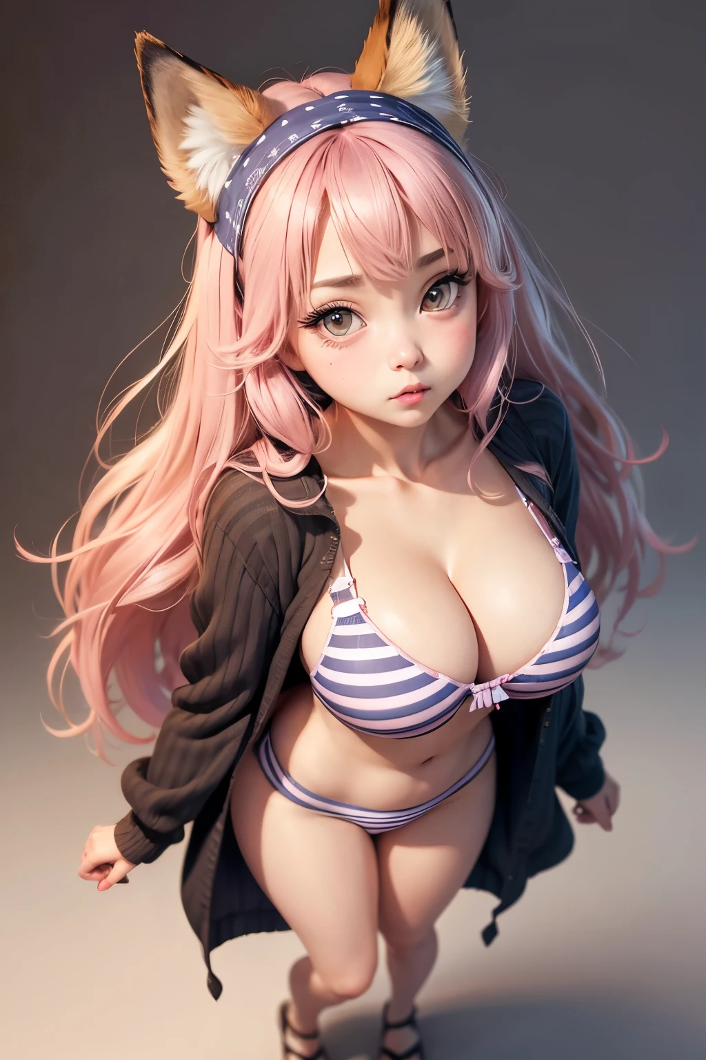 One person, High resolution, Blushing, Large Breasts, Simple Background, Round face、Big eyes、Stripes々Patterned bra、Stripes々Patterned panties、、Full body portrait、Fox Face
