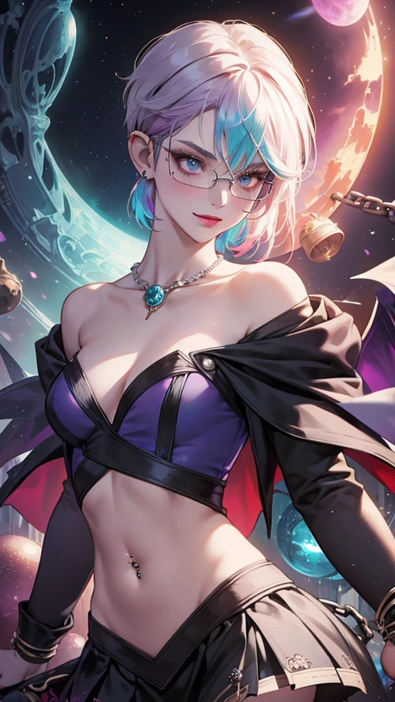 8k, masterpiece, best quality, highly detailed, 1 girl, tiefling, warlock, pixie cut, multicolored hair, very short straight hair red highlight hair on white hair, strippled hair, wearing glasses, round glasses, earrings, navel piercing, red eyeshadow, long eyelashes, blushed cheek, red lips, pearl necklace, rings, collarbone, mole on face, glamorous, teal and purple clothes, sleeveless, miniskirt, smirk, close up view, rings, looking at viewer, demon horns, solo, starry sky, pale blue moon, standing, boxing stance, demonic arms, chains on the background.