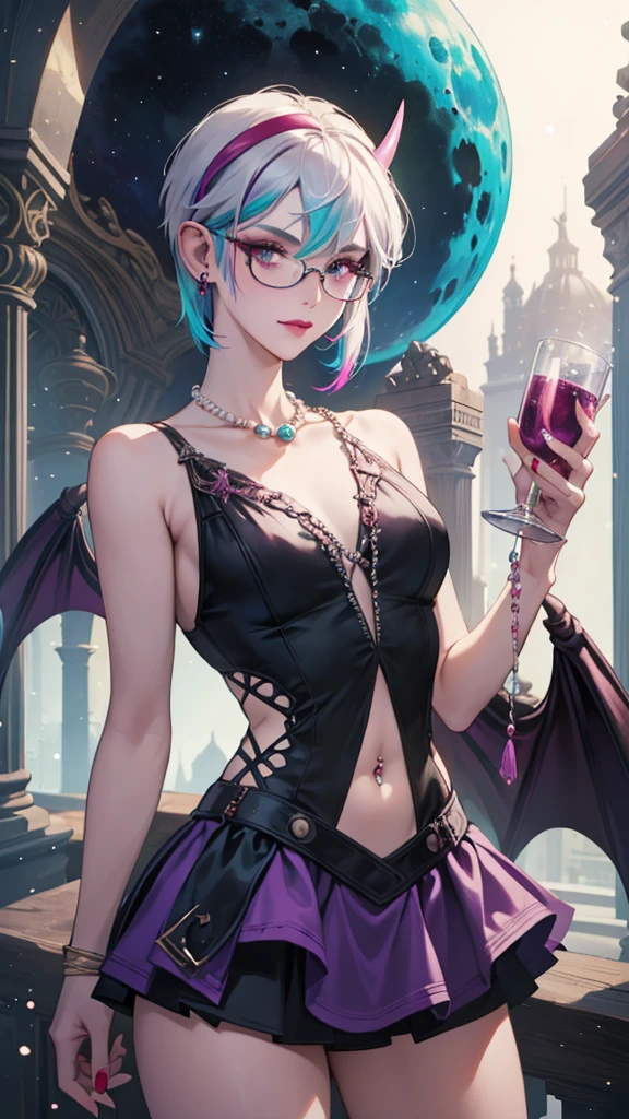 8k, masterpiece, best quality, highly detailed, 1 girl, tiefling, warlock, pixie cut, multicolored hair, very short straight hair red highlight hair on white hair, strippled hair, wearing glasses, round glasses, earrings, navel piercing, red eyeshadow, long eyelashes, blushed cheek, red lips, pearl necklace, rings, collarbone, mole on face, glamorous, teal and purple clothes, sleeveless, miniskirt, smirk, close up view, rings, looking at viewer, demon horns, solo, starry sky, pale blue moon, standing, boxing stance, demonic arms, chains on the background.