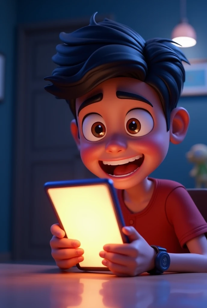 'Generate in cinematic 3d cartoon style " Ravi receiving the tournament invite: A close-up of Ravi's surprised and excited expression as he reads an email on his phone. The email is brightly lit, contrasting with the dimly lit room around him.