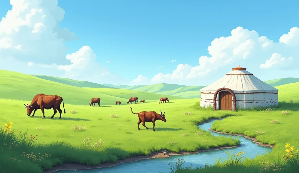 ((masterpiece, best quality)),illustration,Clear focus,Colorful Detailed,Long shot,Green savannah，The small white yurt is on the right side of the picture,There are cattle grazing and walking nearby,Blue sky,White Cloud,There is a small stream on the grassland