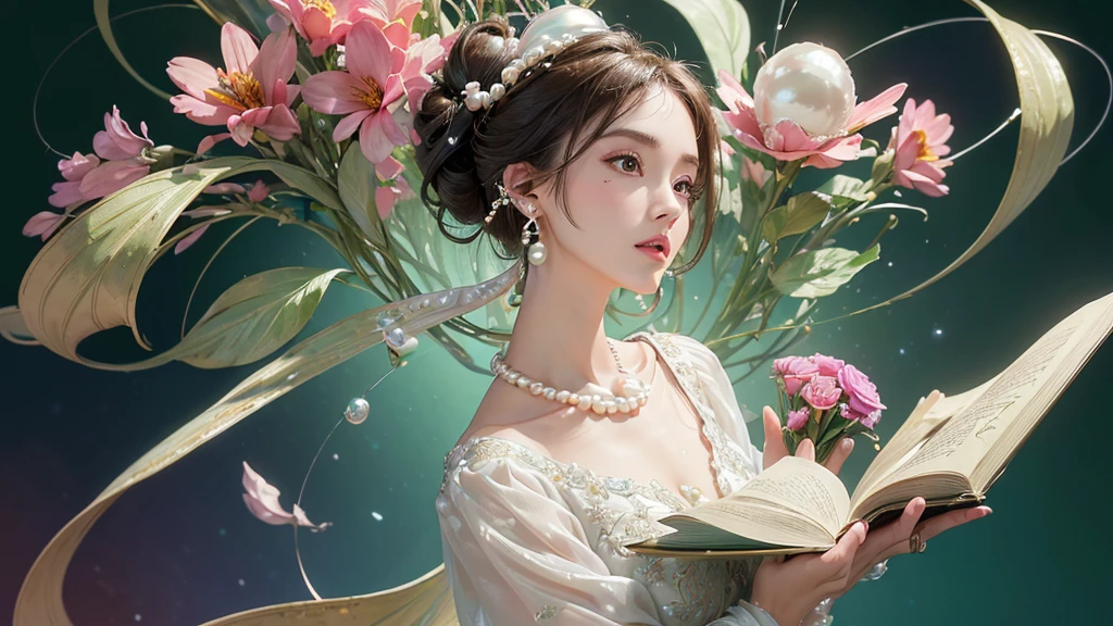 32K, 最高quality, 最高masterpiece, (ultra-Detailed Background, Detailed Background), High resolution, Super detailed, Very detailedな, 1 personの, (bouquet:1.3), (Tangled:1.2), (Geometric:1.2),(colorful),(masterpiece, quality, best quality, Official Art, Beautiful and beautiful:1.2), (1 person:1.3), Very detailed,(colorful:1.1)(Flowers:1.3),Most detailed,(Tangled:1.2), whole body, (Abstract background:1.3), (Skin glows), (Many colors:1.4), ,(Earrings Pearl:1.5), Light green background, It's imaginative., Brunette Hair, Updo, Holding a book, Holding a pen, Satin shirt