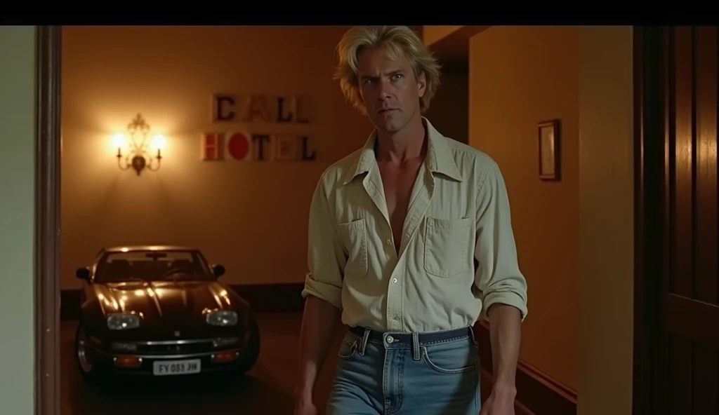 A nostalgic screenshot from a 1980s horror film directed by surrealist mastermind David Lynch, capturing an eerie, dimly lit atmosphere of a middle-aged man with thin, pale skin, dark circles under his sunken eyes, and a disheveled hairstyle. disheveled. , entering a hotel, dressed in a worn and wrinkled white shirt and faded high-waisted pants. blue jeans, a beautiful black vintage car appears in the hotel parking lot in the background, the entire scene is bathed in a warm, golden light with an underlying sense of unease, evoking a sense of cinematic dread, with a prominent film grain texture that contributes for the retro, analogue aesthetic, as if ripped straight from a VHS tape.