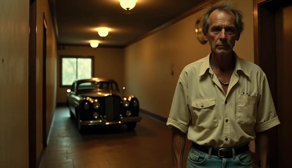 A nostalgic screenshot from a 1980s horror film directed by surrealist mastermind David Lynch, capturing an eerie, dimly lit atmosphere of a middle-aged man with thin, pale skin, dark circles under his sunken eyes, and a disheveled hairstyle. disheveled. , entering a hotel, dressed in a worn and wrinkled white shirt and faded high-waisted pants. blue jeans, a beautiful black vintage car appears in the hotel parking lot in the background, the entire scene is bathed in a warm, golden light with an underlying sense of unease, evoking a sense of cinematic dread, with a prominent film grain texture that contributes for the retro, analogue aesthetic, as if ripped straight from a VHS tape.