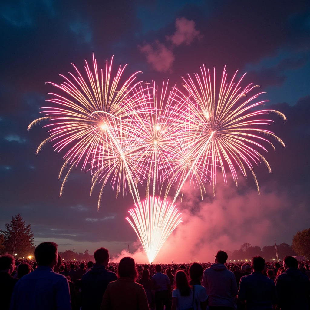 (Reality),(8k),In the vast night sky，(Amazing fireworks:1.3)It&#39;s full of colorful lights，Blooms in an instant(beautiful photo:1.2)。people々Your eyes will be captivated by this wonderful sight.，They all looked up at the sky，Shout out in joy。