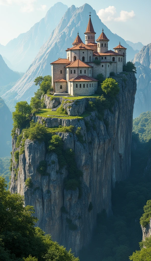 "A group of monasteries built on a rocky mountain, a magnificent view of lush meteora"