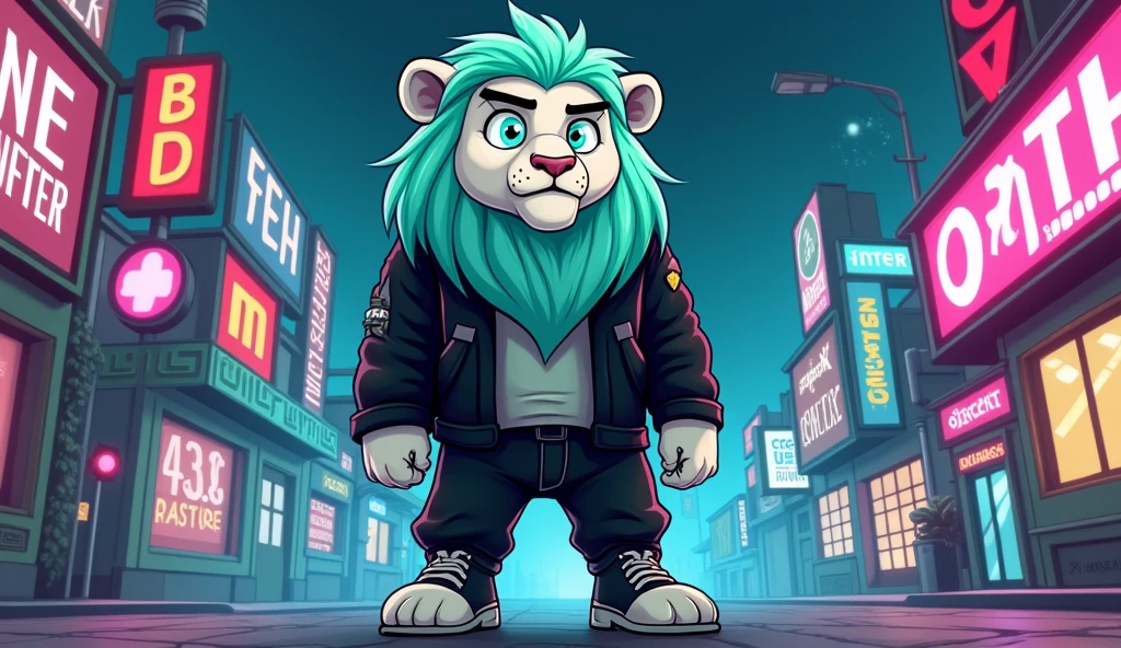 white lion with aquamarine mane, with aquamarine green eyes, thin black eyebrows,  cartoon style, full body, Standing in a black jacket and black pants that looks rapper style with an urban background accompanied by various advertising at night
