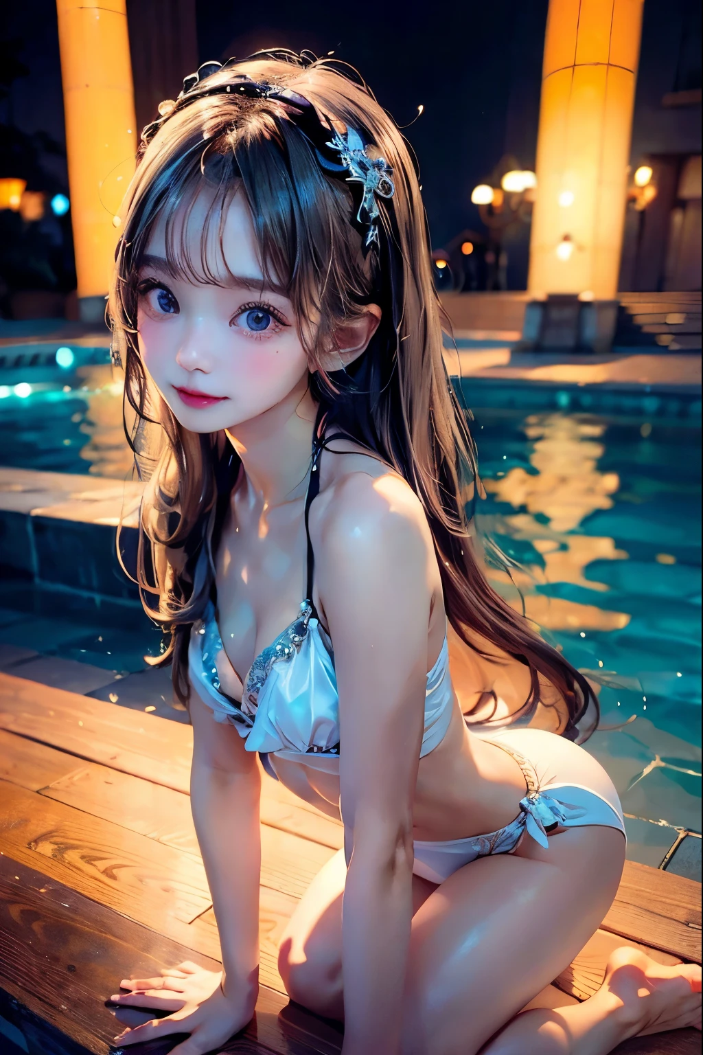 1 girl, sexy bikini , night pool, night , waterwear, bikini, silver straight hair, blonde, medium long hair, headband, she is AYA MIYABI, 2, Bishojo, looking at viewer, she is famous Japanese idol, kawaii, (mascara), eyeliner, almond eye, natural eyebrows, thin lips, Natural color lip, extremely detailed skin, fair skin, smile, cute, realistic face, slender face, beautiful skin, flat chest, clavicle, slender body, Forehead, delicate thighs, skinny legs, lean legs, Best quality, (8k, RAW photo, best quality, childish face, masterpiece:1.2), ultra-detailed, (realistic, photo realistic:1.37), high detail RAW color photo, an extremely delicate and beautiful, extremely detailed(Selfie:1.1), finely detail,