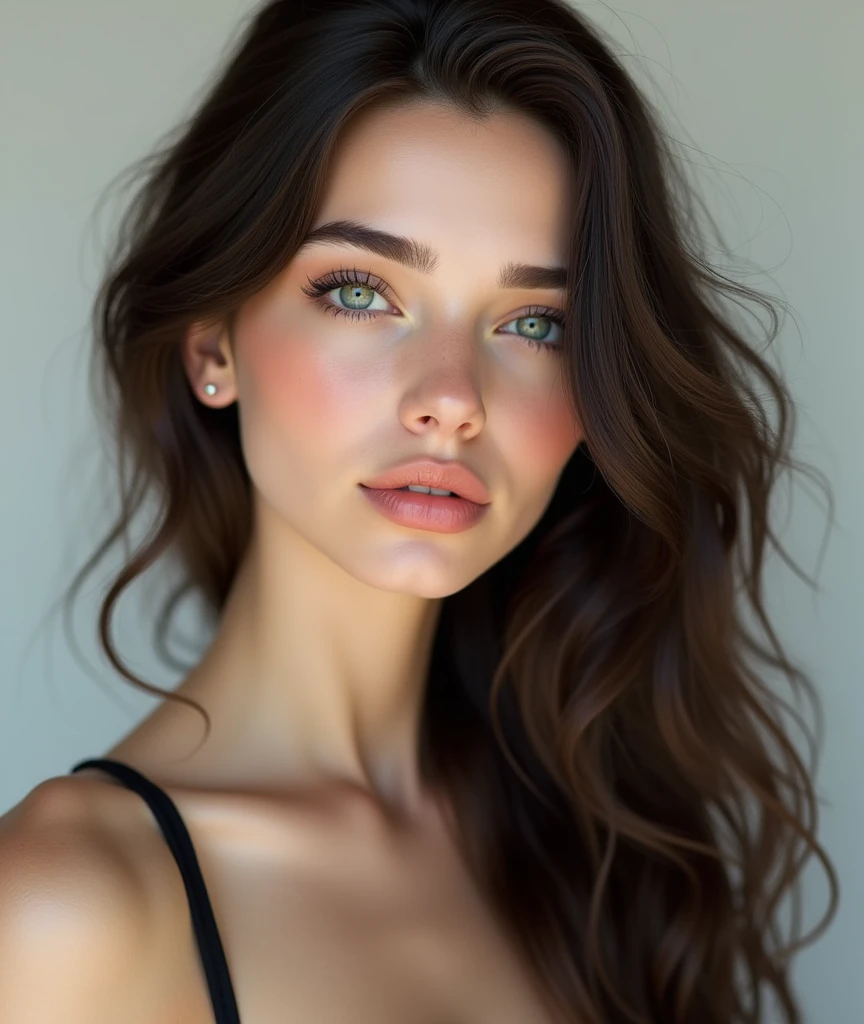 1 Girl,full body shot (1.3),close shot (1.3), face close-up, corridor,Soft Light, Slavic Beauty,Tight Fit,dress,Light-haired,long hair,
 white background, gorgeous American-Italian girl, doll face, with thick and long wavy dark chocolate brown hair, big and large slender cat emerald green bright eyes, long and thick curly dark brown eyelashes, button upturned nose, high nose bridge, fullest and plumpest with a pout at the top rosy luscious lips, oval face shape, high cheekbone, shorter face, shorter chin, defined jawline, tiny face size, pale milky white traslucent perfect skin, whitening skin, hourglass shaped body, tiny and narrow waist, rounded hips, long and slender beautiful legs, big perfect brests (1.4), large breasts, bust size 84 cm, waist 57 cm, hips 86 cm, bra size 34 D, tall at 5’8, full body image, realistic, photorealistic, ultradetailed, skin texture, hyperealismHigh Resolution, Closed Mouth, highly detailed, high resolution 8K, wearing a tight fit black dress highliting her horglass body